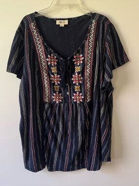 Style & Co Embroidered Blouse 1X Navy Blue Boho